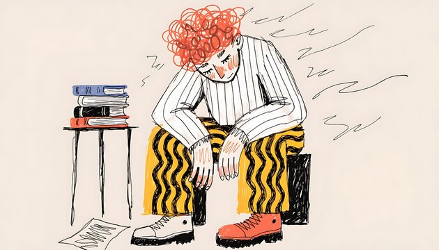 Exhausted student with curly red hair sitting slumped beside a stack of books representing academic burnout and creative mental fatigue