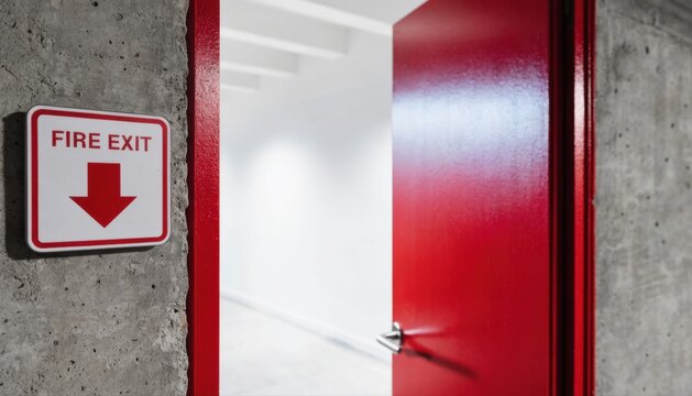 A bright red fire exit door is partially open on a gray textured wall, with a clear "FIRE EXIT" sign and a downward arrow beside it.