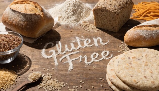 Various gluten-free breads and flour arranged on a wooden surface with the words "Gluten Free" spelled out in flour.