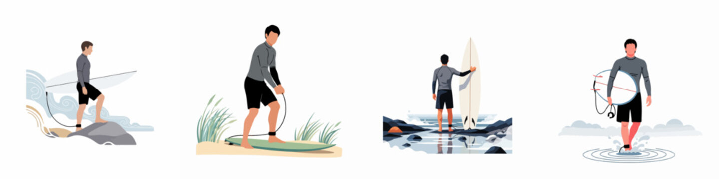 Set of flat vector illustrations featuring a male surfer with his surfboard on the beach and in the water, showcasing an active summer lifestyle.