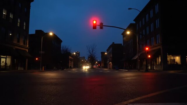 Quiet urban street intersection with red traffic light at night.