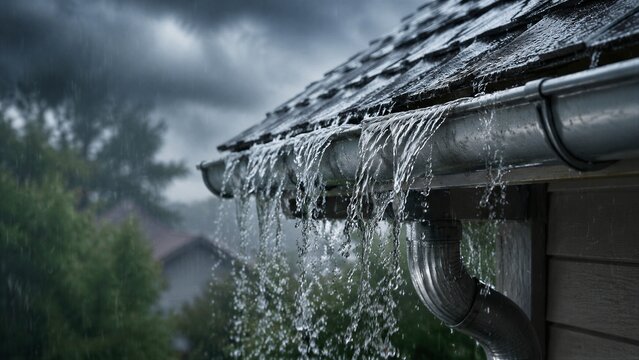 Gutter overflowing with rainwater during stormy weather