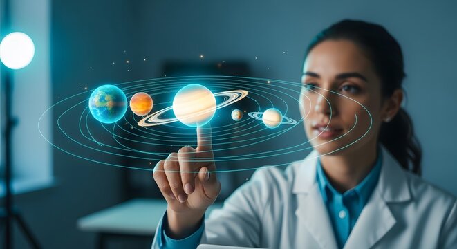 Scientist interacting with a holographic solar system model.