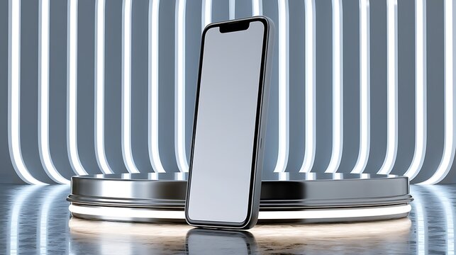 Modern smartphone standing vertically on illuminated stage with futuristic background