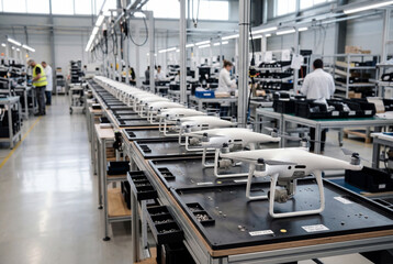 Fototapeta premium Rows of white drones on an assembly line inside a modern manufacturing factory