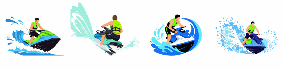 Set of four flat illustrations featuring a man riding a jet ski on water waves with splashes, representing summer extreme water sports activities. © Reno
