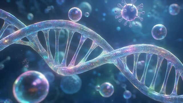 Close-up of a colorful transparent DNA double helix structure with molecules