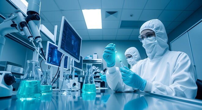 Scientists in protective gear conducting research in a high tech laboratory.