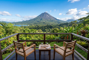 Obraz premium View of volcano and forest from wooden balcony with chairs
