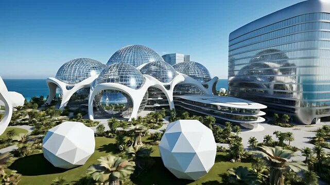 Futuristic coastal resort with geodesic domes and modern towers