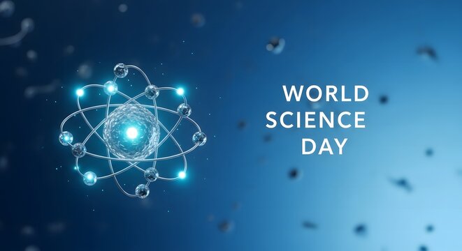 World Science Day background with glowing atom model illustration.