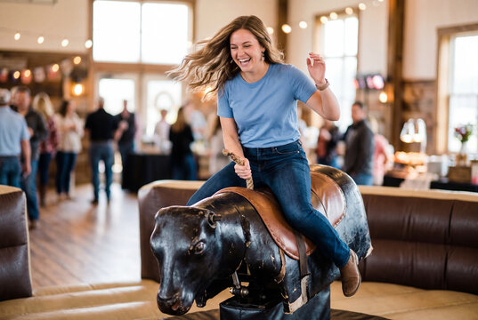 Happy young woman riding mechanical bull at indoor party or event