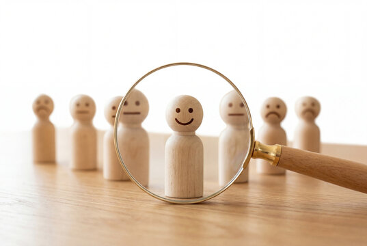 Magnifying glass focusing on happy wooden figure among group of people