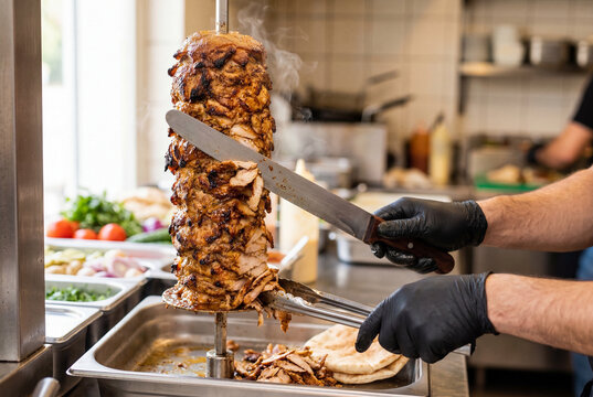 Chef slicing grilled meat from vertical rotisserie spit in commercial kitchen