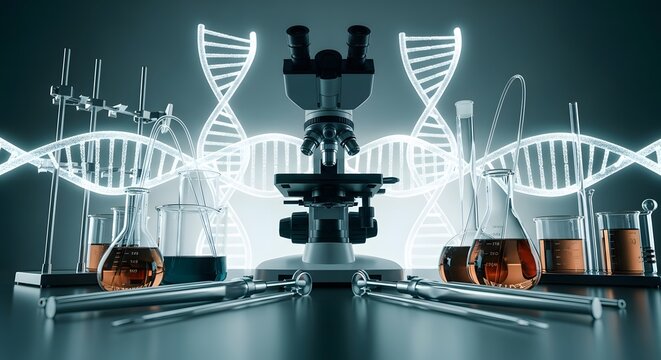 Scientific laboratory setup with microscope DNA strands and chemical glassware.