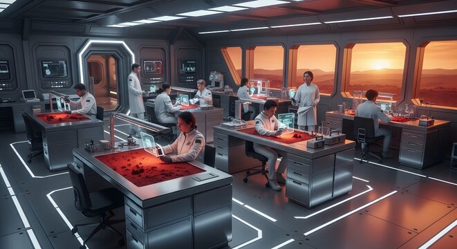 Futuristic Mars research station control room with scientists working.