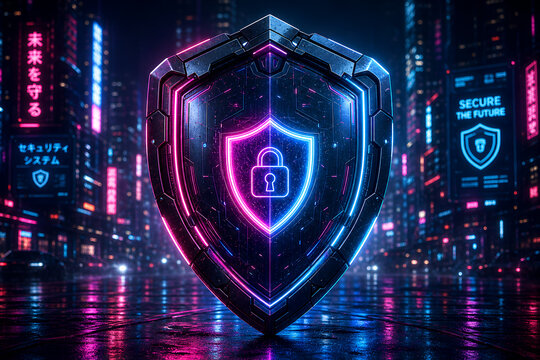 Futuristic cyber security shield. Digital data protection concept with glowing neon lock.