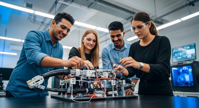 Diverse team of engineers collaborating on a robotics project in a modern laboratory.
