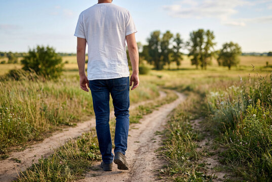 Man in white t shirt walking down dirt country road