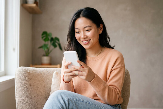 Happy young asian woman smiling while looking at her smartphone in a cozy living room