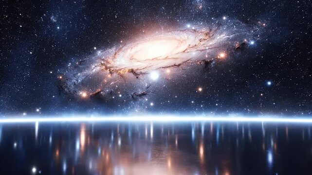 Expansive spiral galaxy amidst a field of stars, reflected on a glassy surface