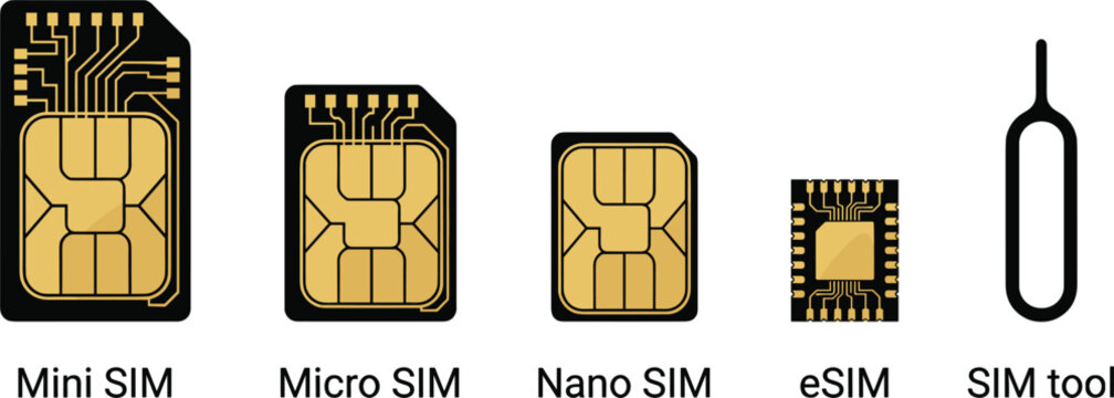 SIM card sizes set vector illustration mini micro nano esim ejection tool technology collection design project.eps