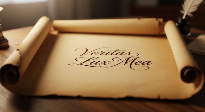 Aged Parchment Scroll with Latin Phrase Veritas Lux Mea