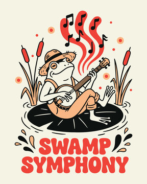 Retro Swamp Symphony Poster featuring a Musical Frog playing Banjo on a Lily Pad