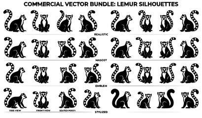 Ring Tailed Lemur Wildlife Silhouette Bundle Vector Illustration © MdShafikul