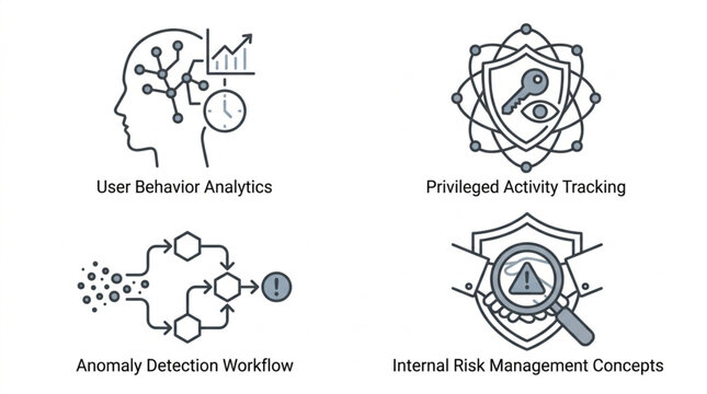 Cybersecurity concepts illustrated with icons and diagrams.