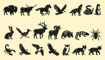 North American wildlife linocut illustration set featuring desert animals in black ink style © 777SKYLABS