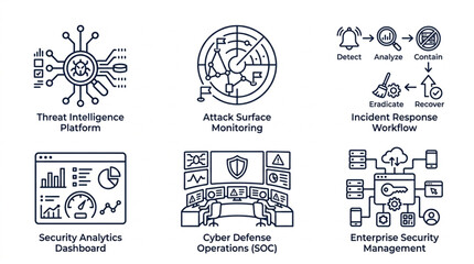 Cybersecurity concepts icons set for digital security and network protection. © Bang