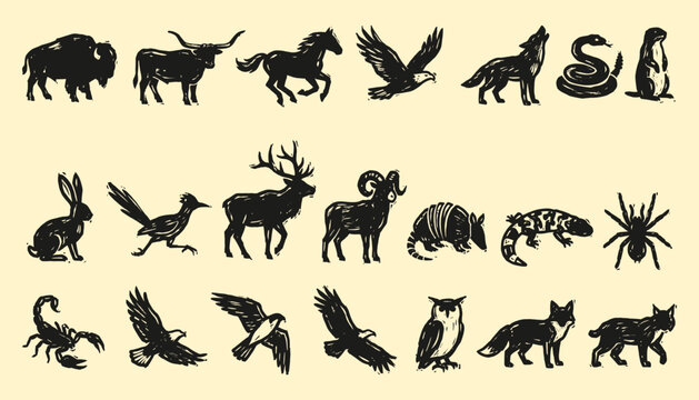 North American wildlife linocut illustration set featuring desert animals in black ink style