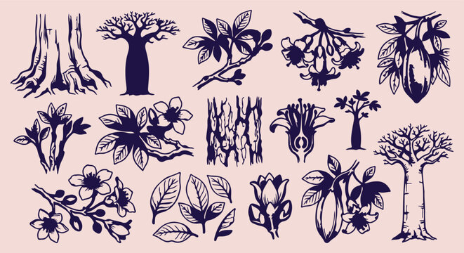 hand drawn baobab tree seamless pattern, vintage bark botanical vector illustration, baobab tree line art background, tree bark sketch fabric print, baobab plant wallpaper design, hand drawn African t