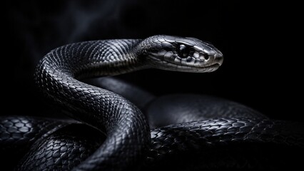 Fototapeta premium Black snake coiled and motionless on dark backdrop