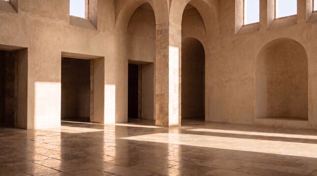 Empty ancient stone hall interior with arches illuminated by warm sunlight
