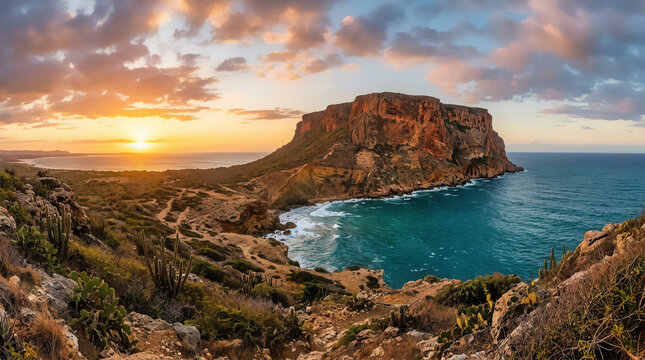 El Morro de Montecristi, Dominican Republic. Dramatic limestone mesa rising above the turquoise Atlantic Ocean, with red cliffs, arid vegetation, and golden hour light in a desert coastal landscape.