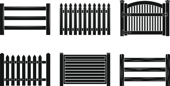Wooden and metal fence vector silhouette set boundary gate barrier collection design project.eps