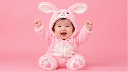 Fototapeta premium Baby wearing pink bunny costume sitting on pink background