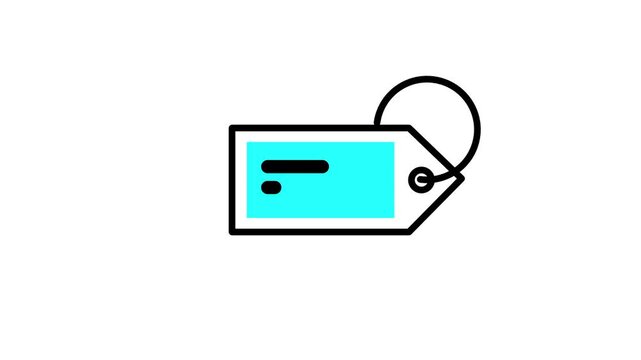 Flat icon of a rectangular price tag with a blue label and a small circular hole attached by a string for retail pricing ideal for modern web design