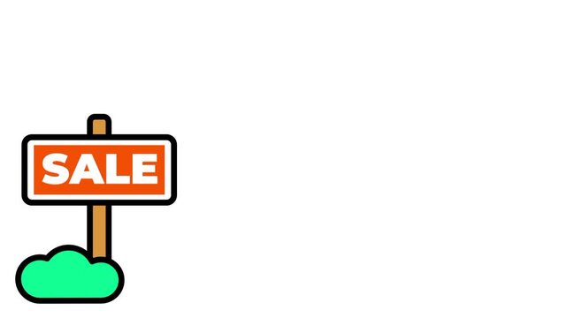 Flat icon of a wooden signpost with an orange sale tag sign standing on a green cloud shaped base representing a discount promotion commonly used in design