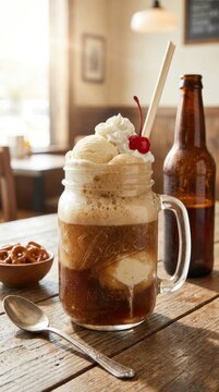 Delicious root beer float inside mason jar on wooden table