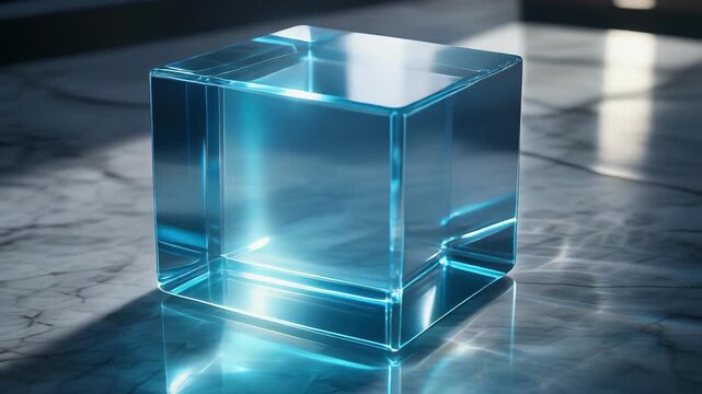 Transparent glass cube placed on a reflective marble surface with light reflections