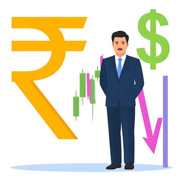 Businessman With Rupee And Dollar Symbols, Stock Charts And Falling Arrow Representing Currency Decline