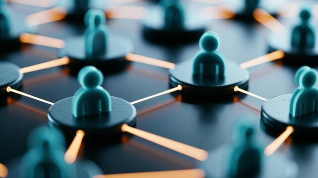 Abstract network connection of user figure icons and human figure line glow dark background with shallow depth of field, teal orange isolated central
