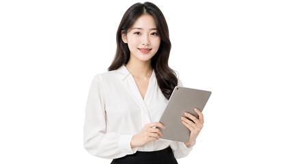 Fototapeta premium Smiling Young Asian Businesswoman Holding Digital Tablet Isolated on Transparent Background