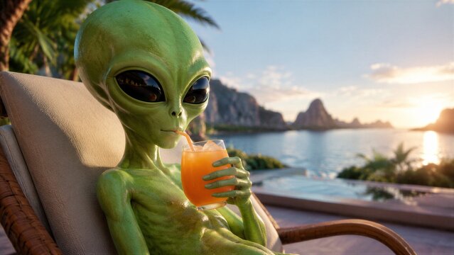 Green alien sipping orange drink while lounging by ocean sunset
