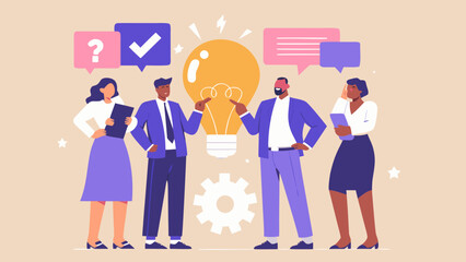 Fototapeta premium diverse business team collaborating with glowing lightbulb vector illustration people group idea innovation conversation speech bubble checkmark question mark gear icon professional workplace