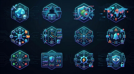 Cybersecurity digital icons collection with global network and data protection themes. © Bang
