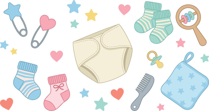 Cute Pastel Newborn Baby Care Vector Set Featuring Cloth Diaper Striped Socks Pacifier Wooden Rattle Comb and Safety Pins Elements